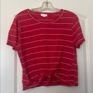 red and white knotted cropped tee